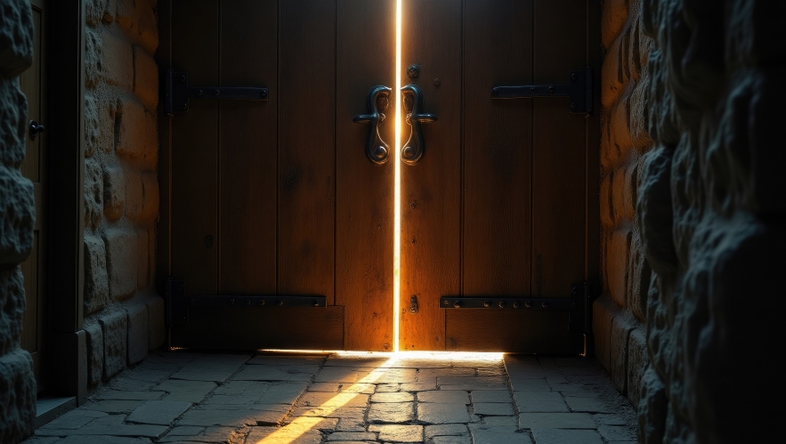 Light shining through cracked open door